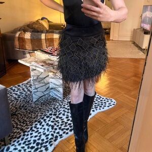 W by Worth Black and Gold Embellished Mini Skirt with Feather Fringe